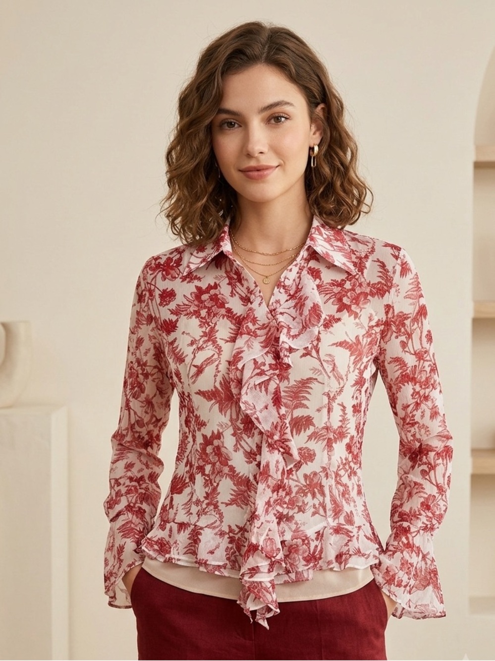 Solezia 100% Silk Chiffon Ruffle Blouse Floral Toile‎ Print Korean Luxury